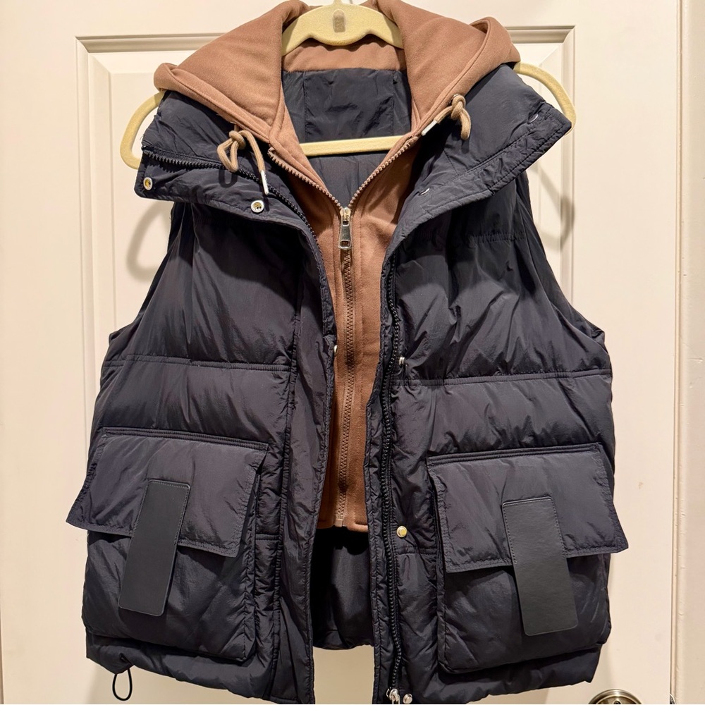 Women's Black Puffer Down Vest with attached Brown Hoodie